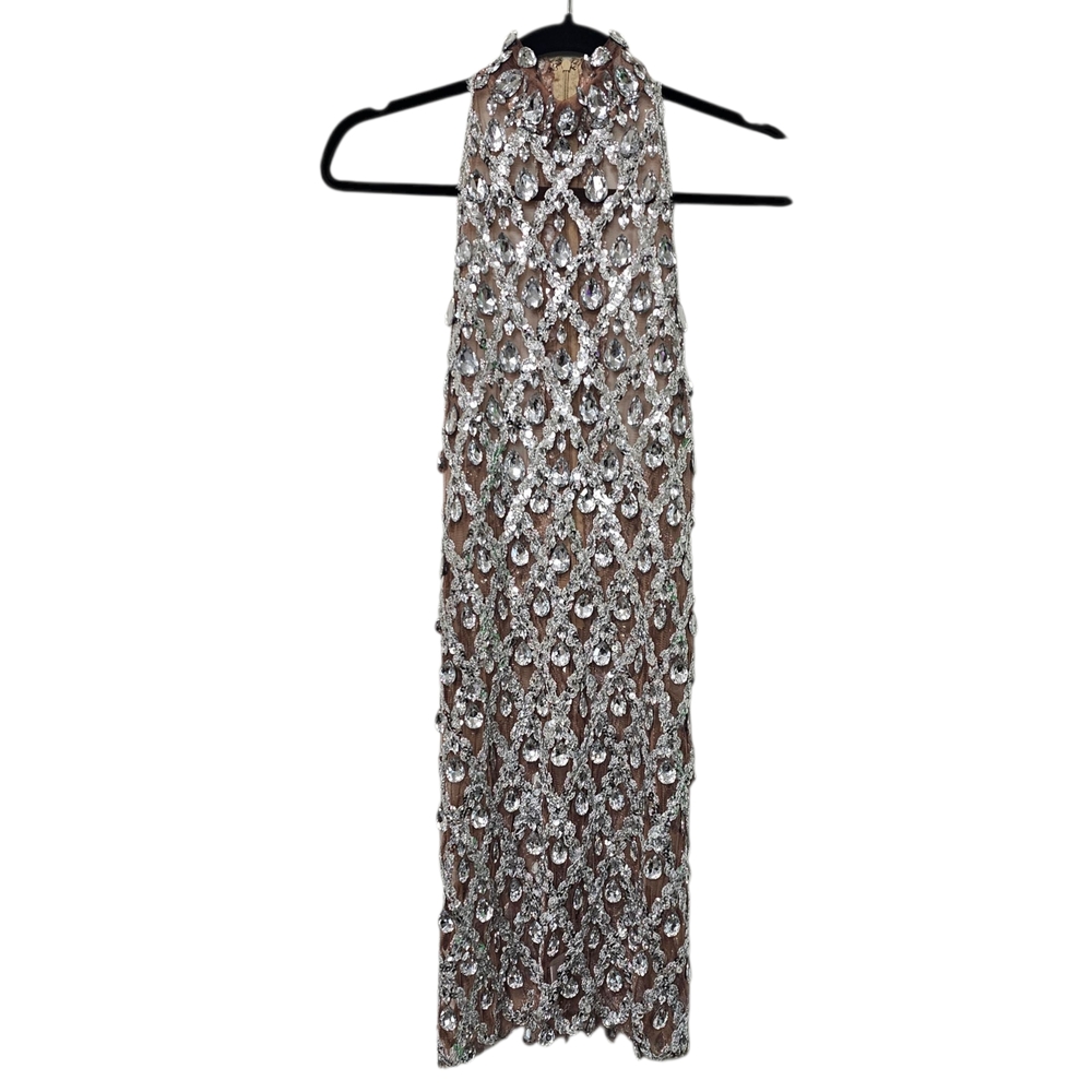 AKIRA M Silver Bejeweled Mini Dress Illusion Mesh Sleeveless Bachelorette HoCo ~